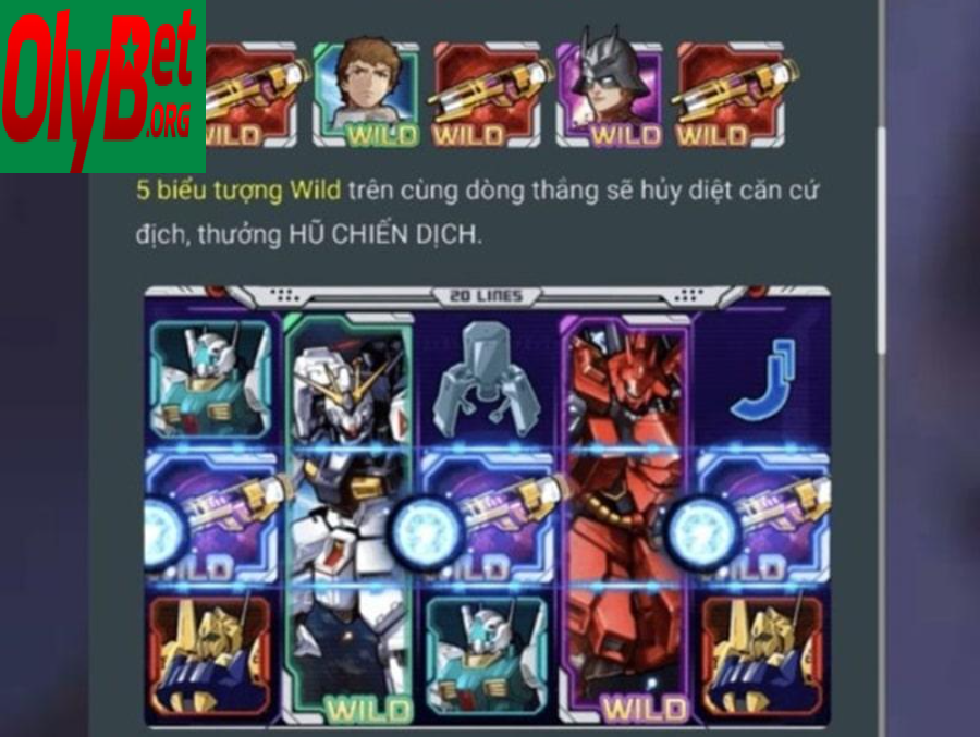 Mức CƯỢC trong trò chơi này chính là tổng số tiền mà bạn đặt cược (đơn vị: xu) cho mỗi dòng, với các mức cược từ 50/250/500/25,000/500,000. Các biểu tượng trong Gundam Slot